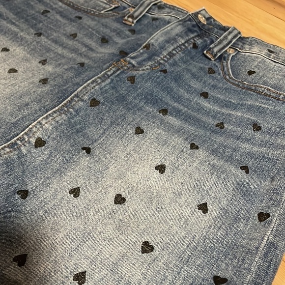 Madewell Jean Skirt Mini Black Heart Print Denim 26 Stretch Fray Blue - Picture 14 of 16